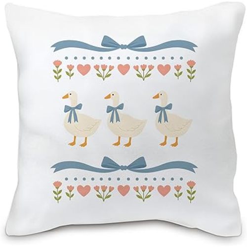 Coquette Blue Bow Goose Pillow Covers 18x18, Goose Nursery Decor, Cottagecore Floral Cute Geese Decorative Throw Pillow Case Covers for Baby Toddler Little Girls Room Bedroom