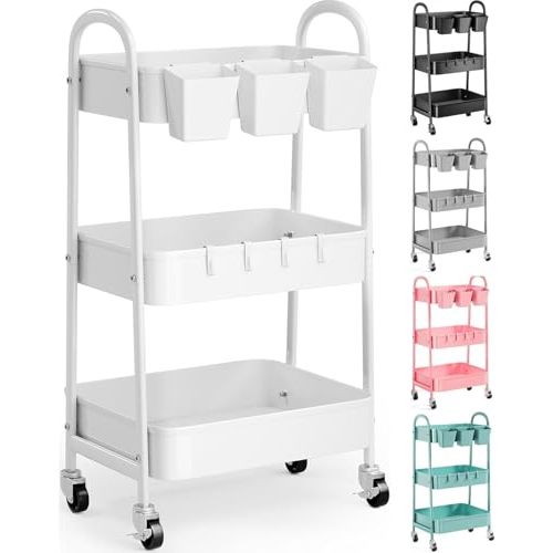 Ultimate Home & Nursery Organization Bundle: 3-Tier Baby Diaper Caddy Cart with Detachable Felt Basket (Oatmeal) & Heavy Duty Utility Rolling Cart with Hooks (White), Bedside Storage Organizers Set