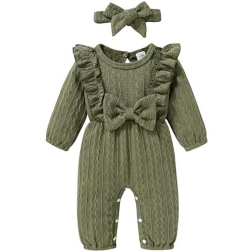 Happy Town Baby Girl Romper Infant Fall Winter Clothes Ruffle Sweater Long Sleeve Bodysuit Jumpsuit and Headband