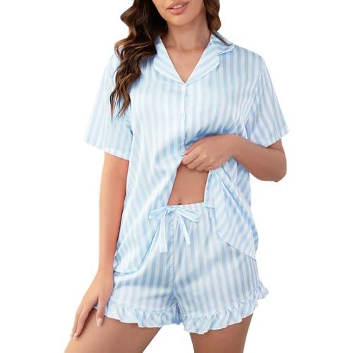 Yoohipuy Women‘s Satin Pajamas Set, Silky Soft Short Sleeve Sleepwear, Button Down Pj Set for Home, Vacation, Bridal Party