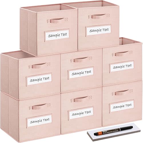 artsdi 13x13x13 storage cube bins(Set of 8) Fabric storage cubes with 8 Labels Window Cards & a Pen, storage cubes 13x13, Collapsible 13 inch cube storage bins, Cubby Boxes, Pink