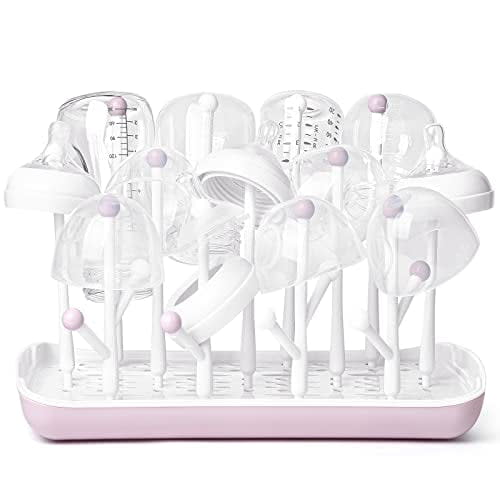Baby Bottle Drying Rack, Large Capacity Baby Bottle Rack for Bottles, Dry Rack with Removable Water Tray(Pink)