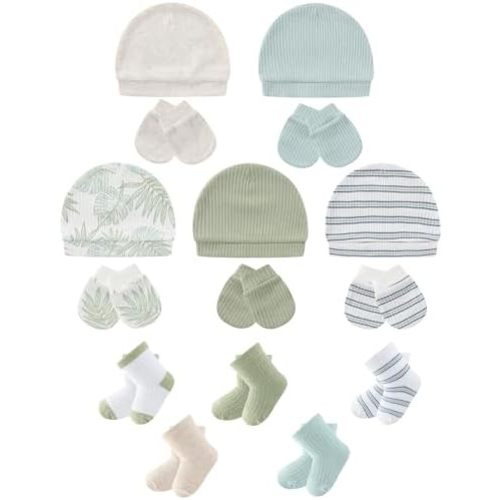 Baby Hats Mittens and Socks Set Soft Cotton Newborn Hat Glove for Boys Girls 0-6 Month