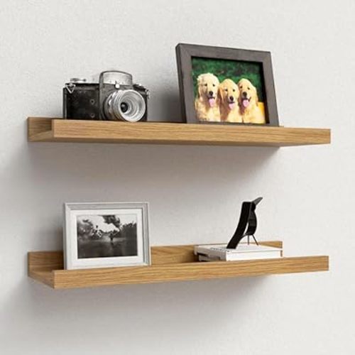 Floating Shelves Set of 2, Small Wall Shelf with Lip, 16in, Oak