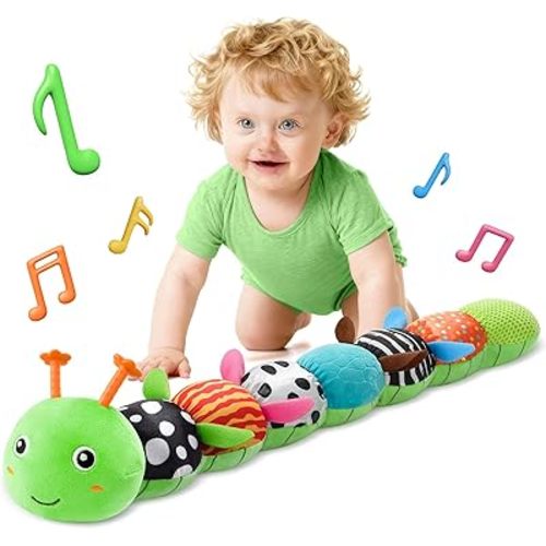 HEMRLY Baby Gifts Toys, Sensory Toy 0-6 Months, Musical Stuffed Caterpillar Plush with Soft Teether, Rattle for Tummy Time, Infant Car Seat Toy for 0-3-6-12 Month Boys Girls Gifts - Spotted Green