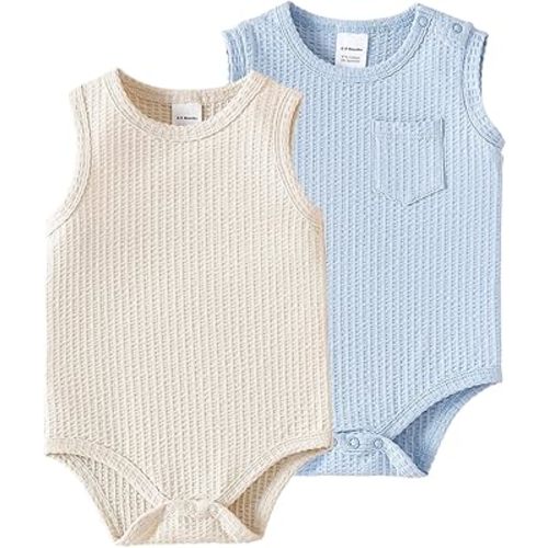 DEFAHN Baby Boys Bodysuits Sleeveless 2 Pack Infant Soft Ribbed Onsies Solid Romper Newborn Baby Summer Outfit 0-24 Months