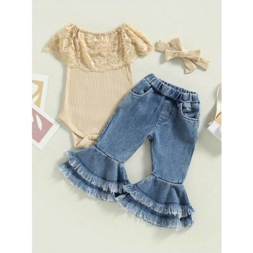3Pcs Newborn Baby Girl Clothes 3-18 Months Infant Rib Frill Long Sleeve Romper Flared Pants Headband Fall Winter Outfits Set | SHEIN USA