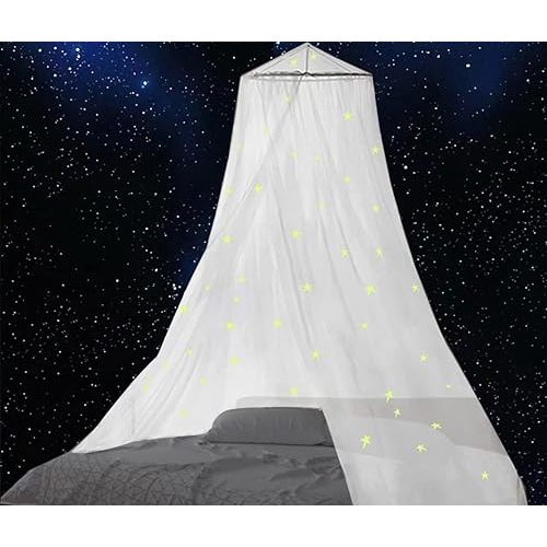 BCBYou Bed Canopy Mosquito Net with Fluorescent Stars Glow in Dark for Baby, Kids, and Adults, for Cover The Baby Crib, Kid Bed, Girls Bed Or Full Size Bed (White)
