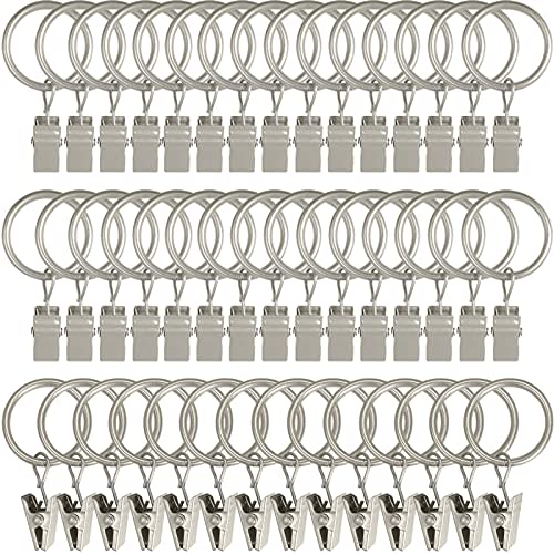 LLPJS Curtain Rings with Clips, 1 inch ID, 44 Pack, Matte Silver | Metal curtain rings with clips for cafe curtains, hair bows and headbands; fit rods up to 5/8 inch in diameter