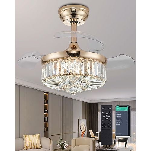 Fejanical 30 Inch Crystal Fandelier Ceiling Fan with Light Dimmable Chandelier Ceiling Fans with Lights for Living Room Bedroom,Gold