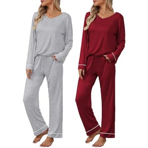 Ekouaer Womens 2 Pack Pajama Set Long Sleeve Pajamas Top and Pants V Neck Pjs Set Soft Loungewear with Pockets