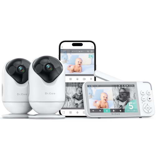 Dr.Care 5" Smart WiFi Baby Monitor with Dual 2K Camera, Split Screen, APP Control, Cry & Motion Detection, Pan-Tilt-Zoom, Temp, Night Vision