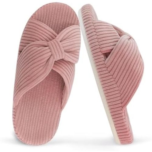 Women's Orthopedic Arch Support Open Toe House Slippers for Plantar Fasciitis Ladies Cozy Memory Foam Bedroom Gift Slippers Fluffy Corduroy Bow Crossband Slide