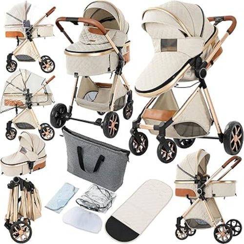 2 in 1 Baby Stroller, Convertible Pram, Reversible Standard Stroller, Portable Baby Buggy, Infant Carriage, Foldable High Landscape Pushchair for Toddler Newborn (225 Creamy White)