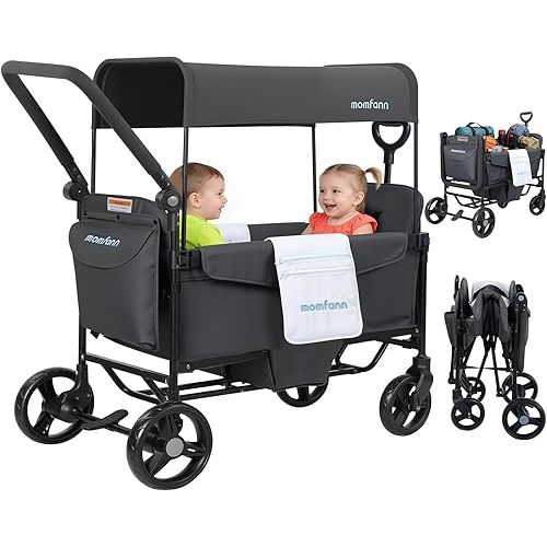 MOMFANN Wagon Stroller for 2 Kids, All-Terrain Foldable Baby Wagon with Adjustable Push & Pull Handle, 5-Point Harness, Removable Canopy, Footwell & Large Storage Bag -Gray