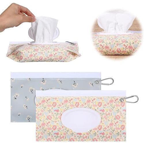 2 Pack Wipes Dispenser Refillable Wipe Holder Wipe Container with Hook Portable Wipes Pouch Reusable Travel Case for Travel Outdoor Outing Camping Hiking Shopping (Flower)