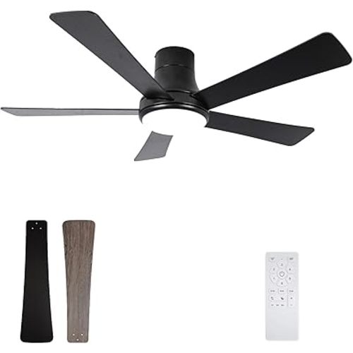 52 Inch Ceiling Fans with Lights and Remote, Flush Mount Black Ceiling Fan, 5 Blades, Dimmable, Reversible Motor, 3-Color Temperatures, 6 Speeds for Bedroom, Living Room, Patio