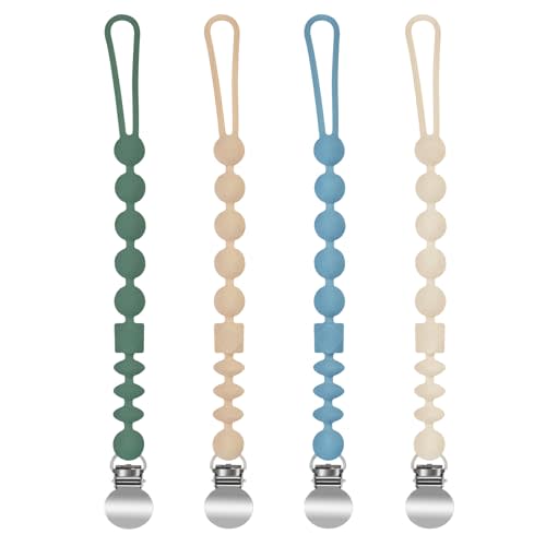 MINMUNJIU Silicone Pacifier Clips for Boys, 4 Pack One Piece Soft Flexible Pacifier Holder Clip Binky Clips for Boys