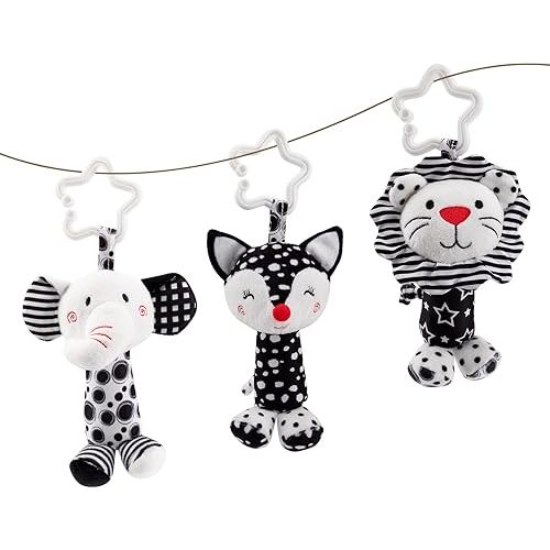 Black & White Baby Wind Chime Hanging Toys - High Contrast Rattles for Newborns 0-12 Months, Stroller & Car Seat Mobile, Hanging Rattle Toys for Babies, Clip Hanging Plush Squeeze Toys