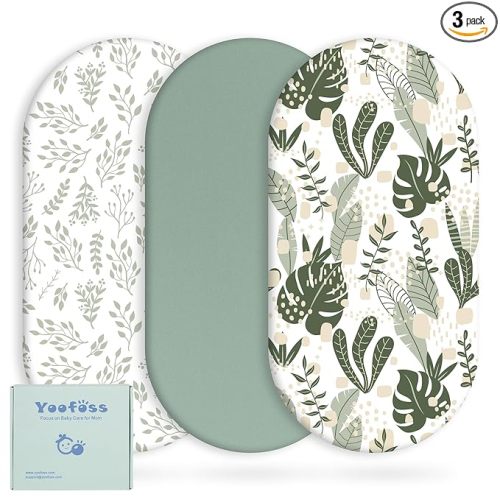 Yoofoss Bassinet Sheets for Baby,3-Pack Fitted Bassinet Sheets Set Compatible with Halo Bassinest Swivel Sleeper,Baby Delight,Angelbliss,Soft Breathable Bassinet Mattress Sheets(Green+Leaf)