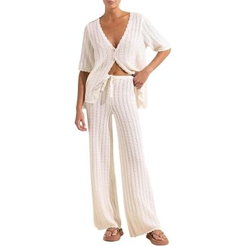 Imily Bela Women's Summer 2 Piece Swimsuit Cover up Crochet Knit Cardigan Tops Long Pants Set Bathing Suit Beach Outfit