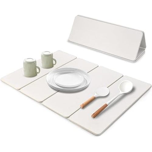 Large Stone Dish Drying Mat for Kitchen Counter, 24"×16" Dish Drying Mat, Fast Water-Absorbing, Diatomaceous Earth Non-Slip Stone Mat, Multi-Purpose Foldable for Match Any Countertop