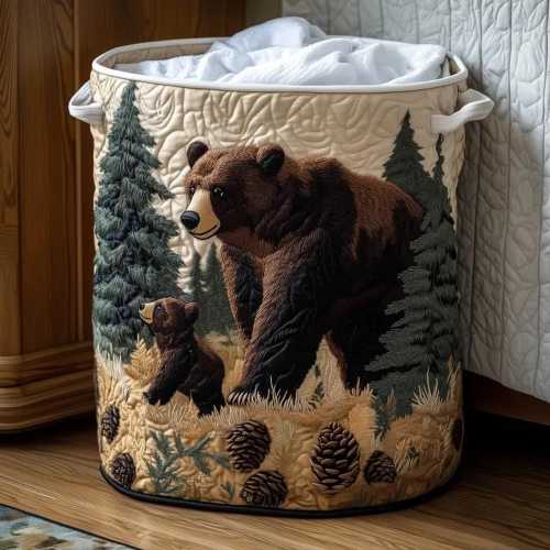 Quilted Laundry Basket, Forest Bear Wildlife Decor, Nature Theme Hamper, Padded Storage Bag