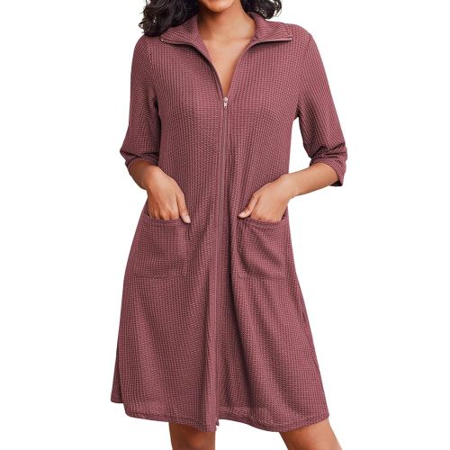Ekouaer Zipper Robes for Women Waffle Knit Bathrobes Short Lightweight Knee Length Loungewear with Pockets S-XXL