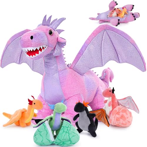 Muiteiur Pink Dragon Stuffed Animal 7 Pcs, 21.6" Dragon Plush with Babies | Pink Mom Stuffed Dragon Plush Toy with 4 Baby Dragons and 2 Eggs, Soft Dragon Toys for Girls, Christmas Gift and Fantasy Play