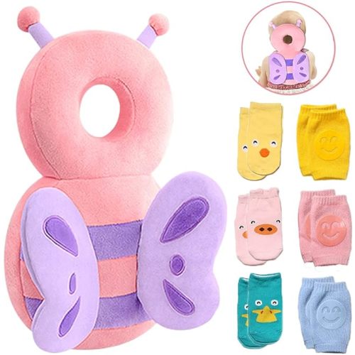 Baby Safety Cushion for Walking & Crawling, Toddlers Adjustable Backpack with Knee Pads & Anti-Slip Socks，Butterfly+6