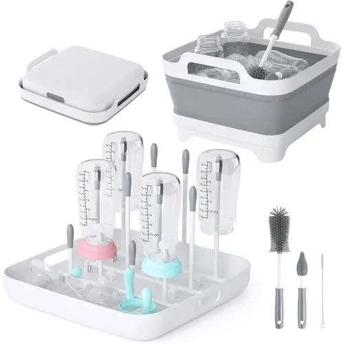 Collapsible Wash Basin for Baby Bottles - Portable 2.4 Gallon Dish Tub with Drying Rack & Lid, Foldable Sink for Camping, Outdoor Space-Saving Tub for Kitchen, RV, Camping, Outdoor Use