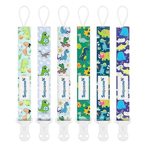 Smlpuame Baby Pacifier Clip for Boys Girl,6 Pack Stylish Binky Clips Strap,Paci Holder with Clips Universal Lightweight Fits Most Pacifiers Teeher Toy Teething Ring Soothie,Baby Gifts(Dinosaur-2)