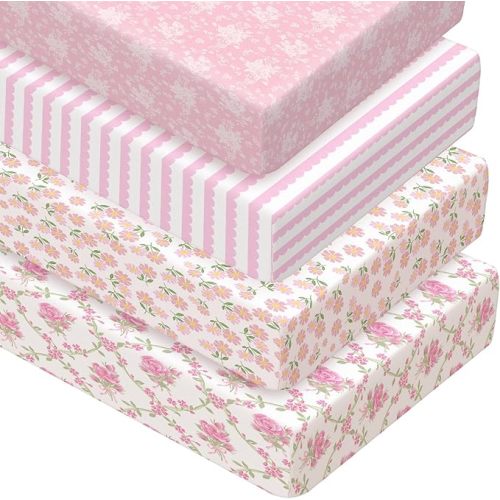 4 Pack Crib Sheets for Baby Pink Flower Soft Baby Bed Sheet Set 52'' x 28" Nursery Crib Sheets for Standard Bed Toddler Mattress Nursery Decor Boys Girls Kids