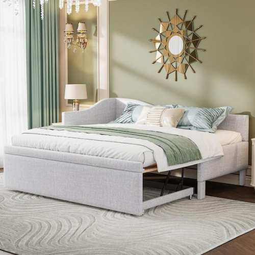 Beige Twin Size Upholstered L-Shaped Upholstered Daybed with Trundle