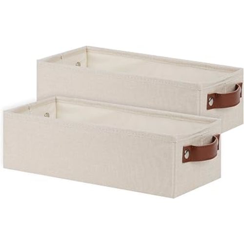 Temary Small Basket 2PC Rectangular Narrow Storage Bin with Handles for Toilet Tank Top, Collapsible Linen Fabric Storage Baskets Bins for Empty Gift Basket, Beige