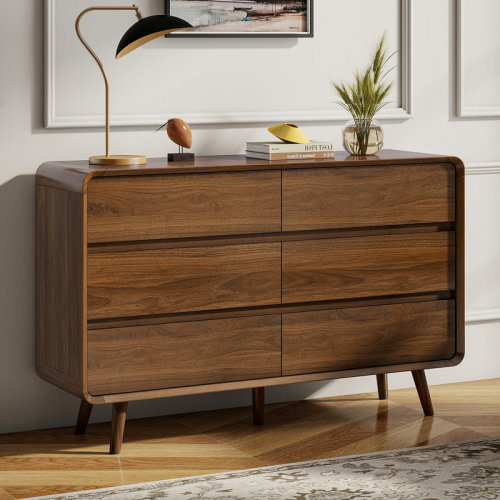 George Oliver Bedroom Dresser with 6 Drawer, Wood Walnut Double Dresser | Wayfair