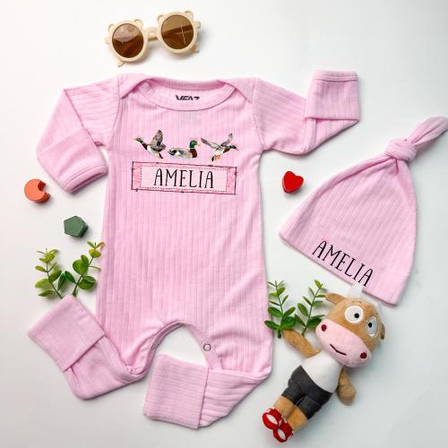 Personalized Pink Camo Mallard Duck Baby Bodysuit, Pink Bow Hunting Baby Bodysuit and Hat, Baby Girl Coing Home Outfit, Baby Shower Gift
