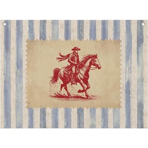 Western Cowboy Nursery Canvas Banner Wall Hanging, Retro Mid Century Modern Blue Striped Cowboy Rodeo Wall Art Decor Hanging Flag for Kids Boys Toddler Room Bedroom Playroom, 20x30 Inch,EE016-ZL