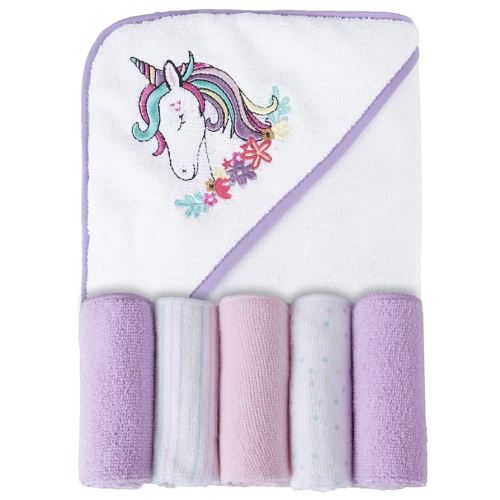 Viviland Baby Towels and Washcloths, Soft Absorbent Purple Baby Bath Towel Set, Unicorn Hooded Towels with 5 Infant Face Washcloths (6 Pieces)