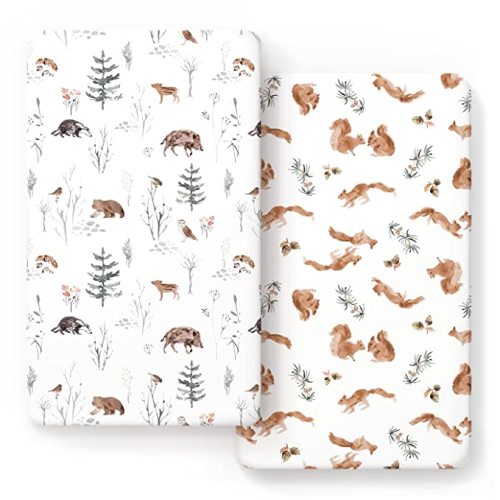 Stretch Ultra Soft Jersey Knit Fitted Crib Sheets Set 2 Pack，Fit All Standard Crib Mattress Pads Safe and Snug, Crib Fitted Sheet for Baby, Cute Jungle Squirrels and Animals