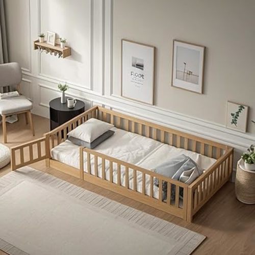 Twin Size Montessori Floor Bed Frame with Door,Wood Montessori Bed w/Guardrails & Wood Slats for Girls & Boys,Natural