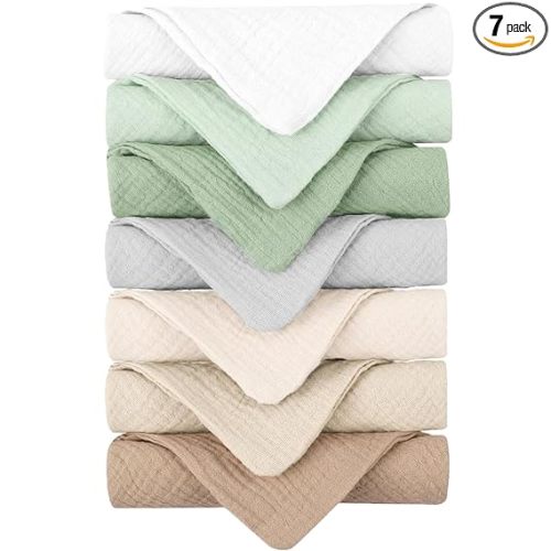 Konssy Baby Muslin Washcloths 7-Pack, 100% Cotton Baby Bath Washcloths, Soft & Absorbent Wash Cloths and Burp Cloths for Newborn Kids Girls & Boys, 11x11 inches