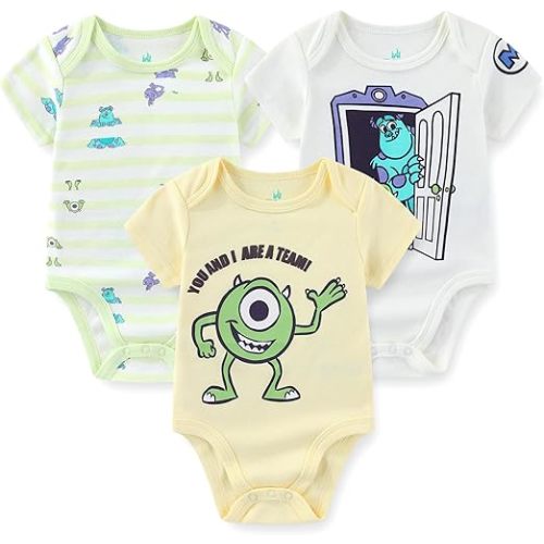 Disney Monsters Inc. Mike Wazowski James P. Sullivan Baby Boys 3 Pack Bodysuit Creeper for Newborn and Infant