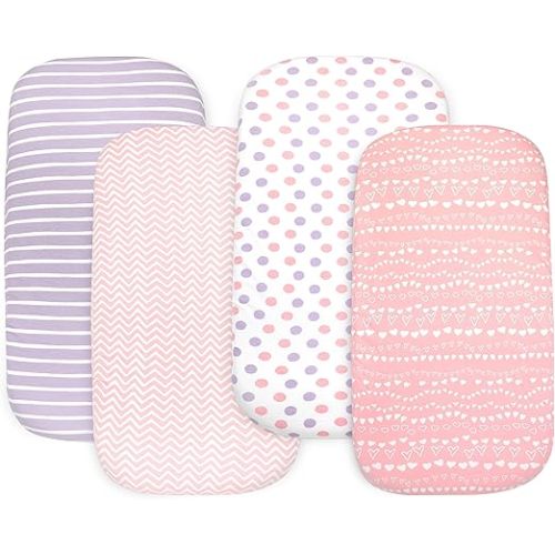 Bassinet Sheets Girl– 4-Pack Soft Fitted Bassinet Sheets, Organic Cotton, Breathable & Cozy, Fits 32x16x4 Inch Rectangle, Oval & Hourglass Mattresses (Lavender-Pink)