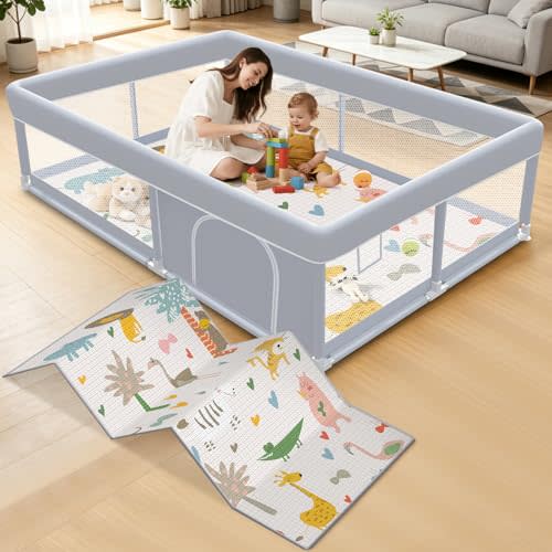 XVISHX Baby Playpen with Mat, 65 x 50 Inch Play Pen Playards, Playpen for Babies and Toddlers, Baby Playard for Indoor & Outdoor Active Center Game Fence, Skin-Friendly Fabric and Soft Breathable Mesh