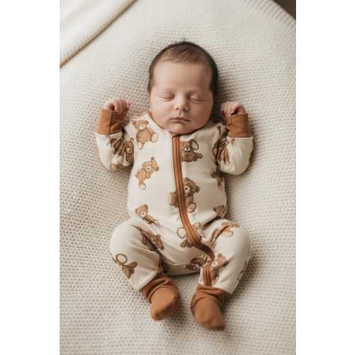 Bamboo Baby Teddy Bear Zipper Romper: Neutral Woodland Outfit