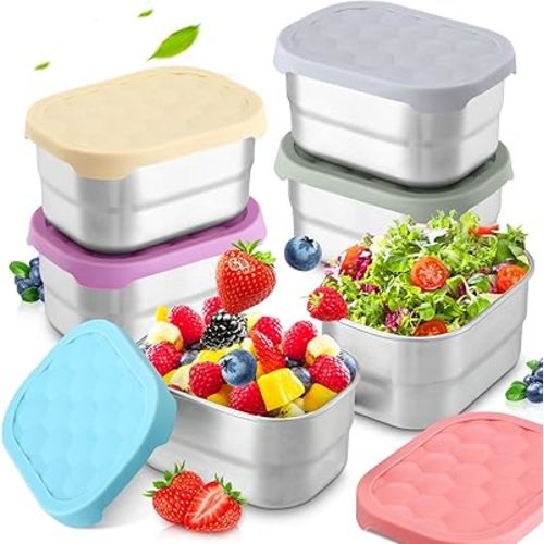 Layhit 6 Pcs Stainless Steel Snack Containers for Kids, 8 oz Leakproof Lunch Containers with Silicone Lids, Reusable Metal Bento Snack Boxes for School Daycare Meal Prep Food Storage(Fresh Color)