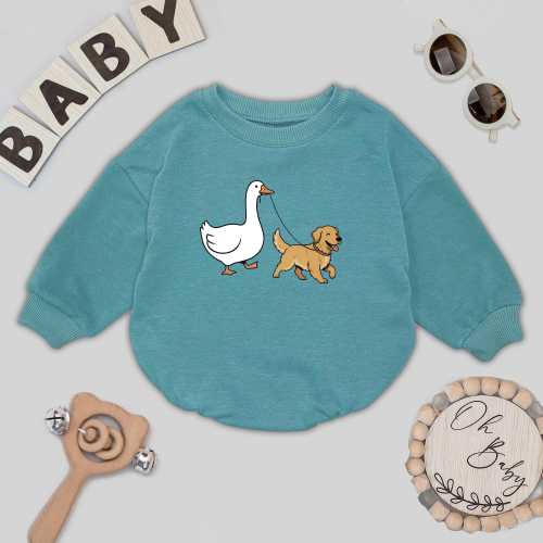 Funny Goose and Golden Retriever Romper, Dog Lover Gift for Baby, Silly Goose Walking Dog Outfit, Cute Golden Bodysuit, Dog Person Romper
