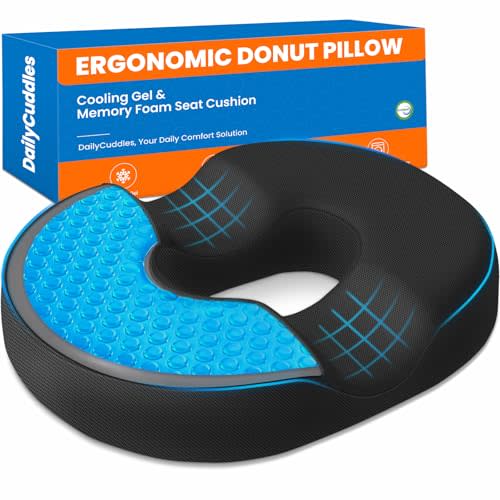 Donut Pillow for Tailbone Pain, Hemorrhoids - Cooling Gel Memory Foam Chair Seat Cushion for Office, Home & Wheelchair, Ergonomic Chair Pad for Pregnancy, Sciatica, Coccyx (Large, Black)