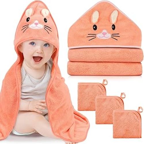 4 PCS Hooded Baby Towels, Soft Baby Towel, Absorbent Baby Bath Towel, Baby Towels and Baby Washcloths for Newborns, Toddlers, and Kids, 32x32 in Baby Towel with Hood for Boy and Girl (Orange Kitten)